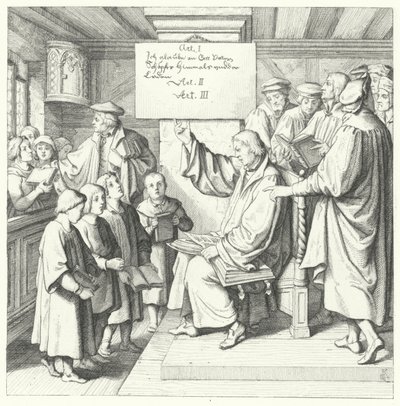 Martinho Lutero apresenta o Catecismo às crianças em idade escolar (gravura) de Gustav Ferdinand Leopold Konig