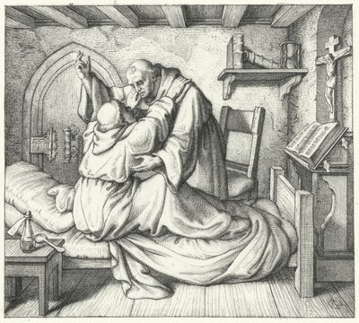 Martinho Lutero é consolado por um companheiro monge durante o seu tormento espiritual no mosteiro (gravura) de Gustav Ferdinand Leopold Konig