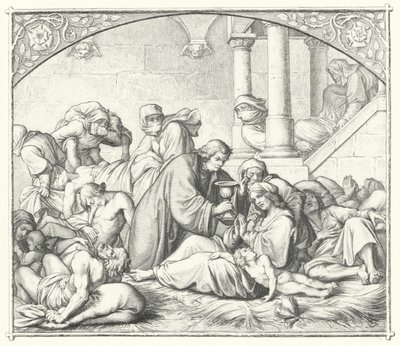 Martinho Lutero oferecendo conforto aos que sofrem da peste (gravura) de Gustav Ferdinand Leopold Konig