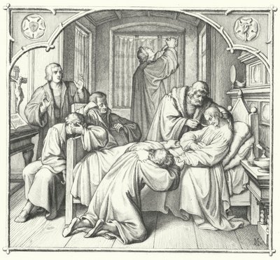 Martinho Lutero reza no leito da morte de Philip Melanchthon (gravura) de Gustav Ferdinand Leopold Konig