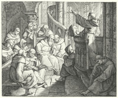 Martinho Lutero prega a Johann von Staupitz e aos outros monges do mosteiro (gravura) de Gustav Ferdinand Leopold Konig