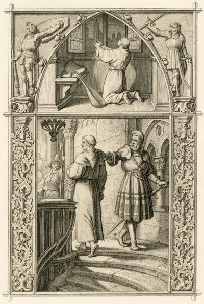Martinho Lutero prepara-se com uma oração para o encontro com o imperador (imagem acima); imagem principal: Lutero encontra-se com o cavaleiro George (Georg) von Frundsberg (Jorg von Fronsberg, Freundsbergin de Gustav Ferdinand Leopold Konig