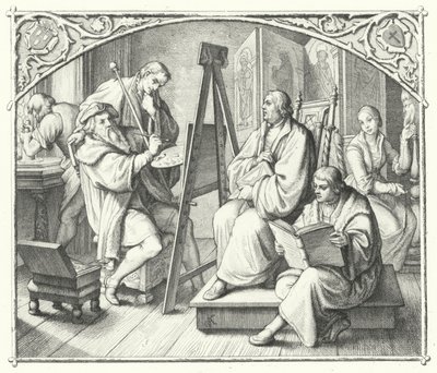 Martinho Lutero senta-se para uma pintura de Lucas Cranach, o Ancião (gravura) de Gustav Ferdinand Leopold Konig