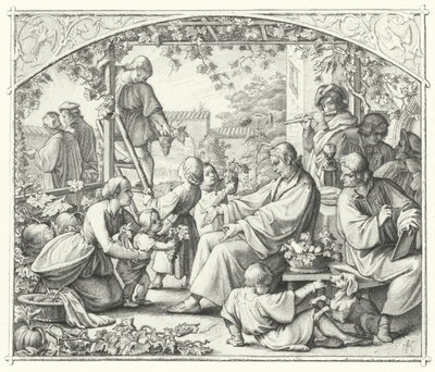Martin Luther com sua família e alguns de seus contemporâneos curtindo o verão (gravura) de Gustav Ferdinand Leopold Konig