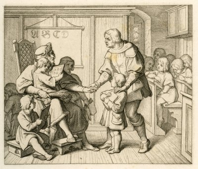 Matrícula de Martinho Lutero na escola em Mansfeld, nesta ilustração juntamente com o seu pai Hans de Gustav Ferdinand Leopold Konig