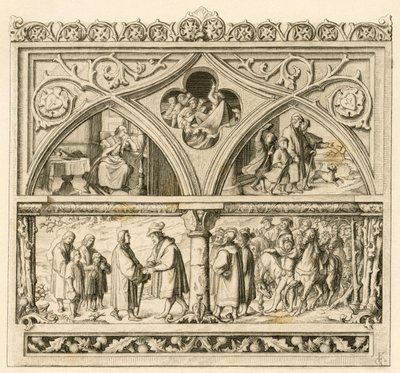 A viagem de Martinho Lutero ao conde Mansfeld (Hoyer VI de Mansfeld-Vorderort (1477-1540); imagem em cima à esquerda: a triste Katharina, no meio: o furioso rio Saale, à direita: Lutero com os seus filhos. imagem em baixo: Lutero e o conde de Gustav Ferdinand Leopold Konig
