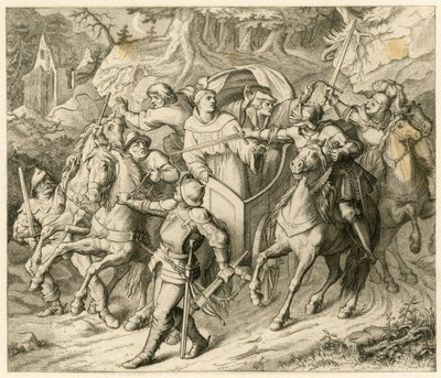 O rapto de Martinho Lutero na sua viagem de regresso - 1521 - por Hauptmann von Berlepsch e Burkhard Hund, por causa da bula de excomunhão do papa e da ilegalidade do imperador de Gustav Ferdinand Leopold Konig
