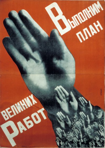 Cartaz construtivista soviético de 1930 por gustav klutsis, 