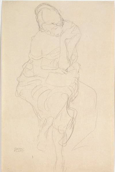 Sentado em um banquinho da frente de Gustav Klimt