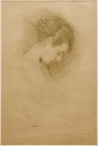Meia retrato de uma menina com a cabeça abaixada para a direita de Gustav Klimt