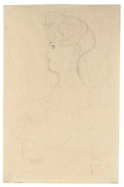Retrato de perfil do busto a partir da esquerda, c.1904-05 (lápis com lápis de cera branco e vermelho sobre papel japonês semelhante) de Gustav Klimt