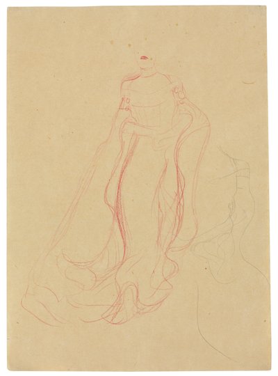 Estudo do traje com as mãos juntas, repetição do lado direito, c.1903-04 (lápis e lápis de cera coloridos sobre papel vegetal) de Gustav Klimt