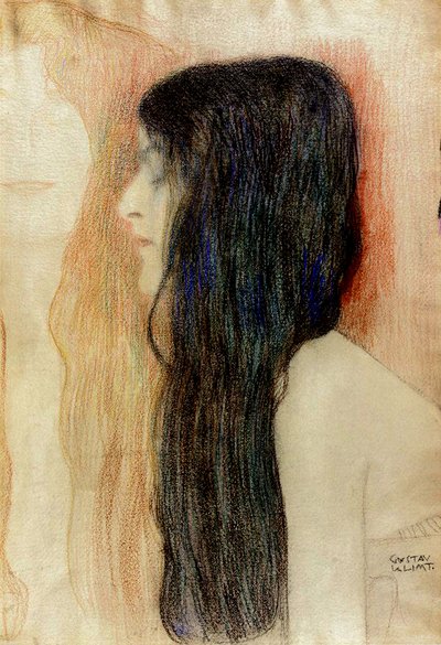 Garota com cabelo comprido, 1898-99 (pastel sobre papel) de Gustav Klimt