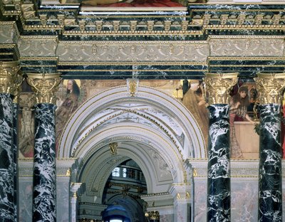 Interior, de, a, Kunsthistorisches, museu, viena, com, archway, e, spandrel, decoração, descrevendo, figuras, representando, 14º século, roma, e, veneza, 189091, (mural) de Gustav Klimt