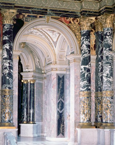 Interior, de, a, Kunsthistorisches, museu, em, viena, detalhe, descrevendo, archway, e, spandrel, decoração, de, figuras, descrevendo, italiano, renascimento, 189091, (mural) de Gustav Klimt