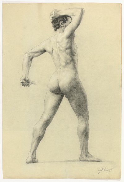 Nu masculino de costas, c.1880 (lápis com giz branco sobre papel) de Gustav Klimt