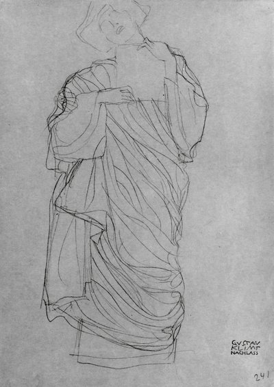 Robed Standing Woman Holding Card, (lápis em papel pardo) de Gustav Klimt