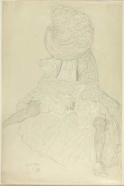 Mulher sentada de frente com chapéu, rosto com capuz de Gustav Klimt