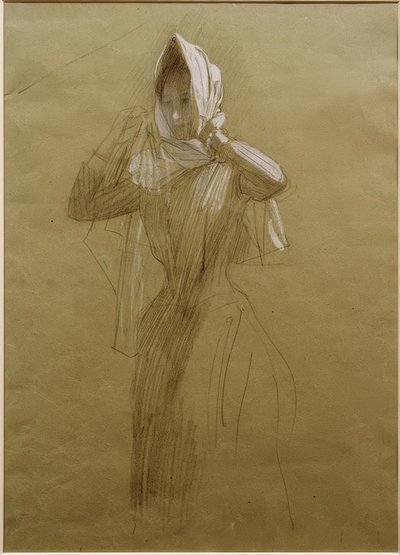 Jovem de pé, colocando um lenço na cabeça de Gustav Klimt