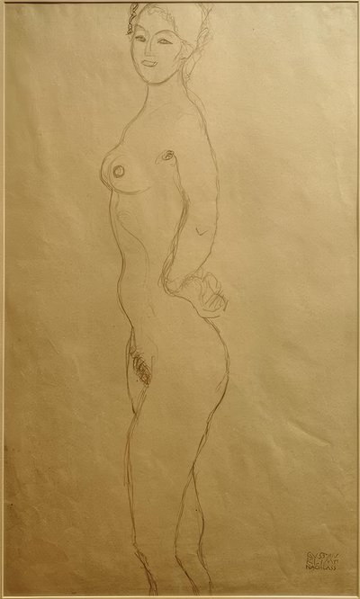 Permanente nu feminino para a esquerda, a mão no ... de Gustav Klimt