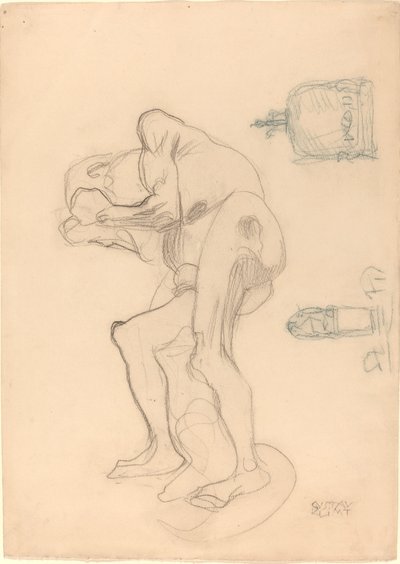 Estudo de uma velha nua cerrando os punhos e dois objetos decorativos de Gustav Klimt