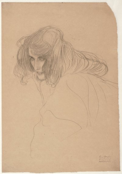 Estudo da cabeça de uma mulher no perfil de três quartos Estudo para a falta de castidade no friso de Beethoven, c.1901-1902 de Gustav Klimt