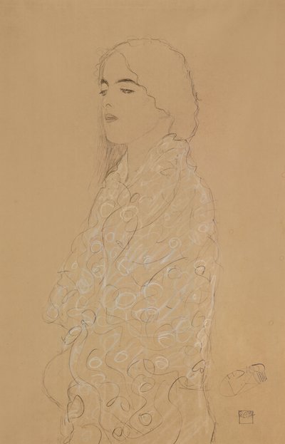 Mulher com um xale branco (lápis com giz colorido branco e vermelho no papel) de Gustav Klimt
