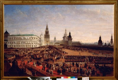 Desfile militar na coroação do Imperador Alexandre II (1818-1881) no Kremlin de Moscovo, 18 de Fevereiro de 1855. Pintura de Gustav Schwarz (ca. 1800 - depois de 1855), óleo sobre tela de Gustav Schwarz