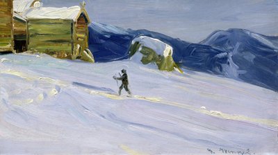 Noite de inverno em Vaga com esquiador (óleo sobre tela) de Gustav Wentzel