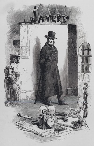 Cena de Les Miserables, de Victor Hugo: Javert, o detective (gravura) de Gustave (after) Brion