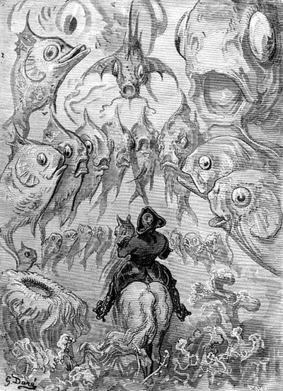 Um Mundo Submarino, de "As Aventuras do Barão Munchausen" de Rudolph Erich Raspe, gravado por Stephane Pannemaker (1847-1930) c.1868 (gravura) de Gustave (after) Dore
