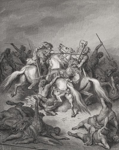 Abisai salva a vida de David, Samuel 2:17, ilustração de "A Bíblia Sagrada" de Dore, gravada por Hurel de Gustave (after) Dore