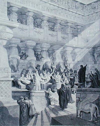 Daniel interpretando a escrita na parede, gravada por A. Ligny, c.1868 (gravura) de Gustave (after) Dore