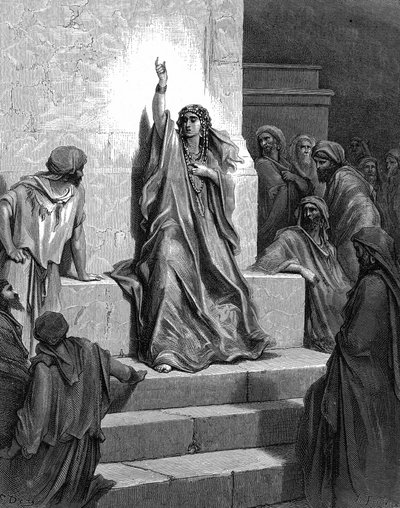 Deborah, profetisa hebraica que libertou seu povo de Jabin, rei de Canaã, e seu general Sisera, cantando seu canto de triunfo. Juízes 5:1. Século 13 AC. Da Bíblia ilustrada de Gustave Dore, de 1866. Gravura em madeira. de Gustave (after) Dore