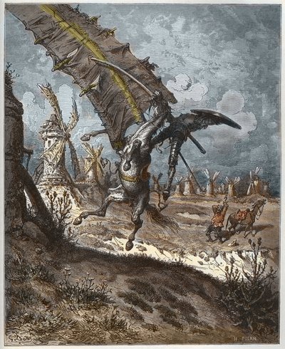 Dom Quixote e os moinhos de vento de "Dom Quixote de la Mancha" de Miguel Cervantes (1547-1616) (Dom Quixote) - gravada por Heliodore Joseph Pisan (1822-90) após desenho de Gustave Dore de Gustave (after) Dore