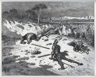 Moralising on Ingratitude de Dom Quixote - de "Dom Quixote de la Mancha" de Miguel Cervantes (1547-1616) (Dom Quixote) - Lenhador após desenho de Gustave Dore de Gustave (after) Dore