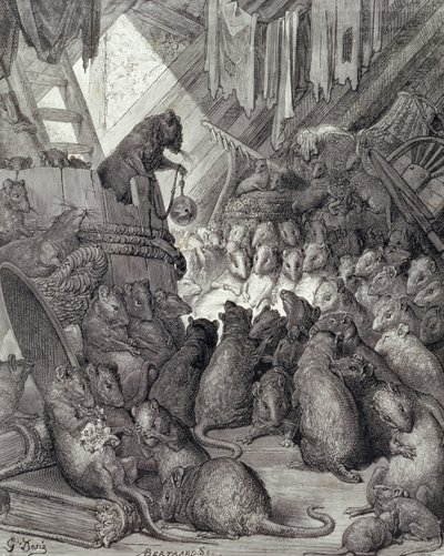 O Conselho Detido pelos Ratos, das Fábulas de La Fontaine, gravado por Antoine Valerie Bertrand (b.1823) c.1868 (gravura) de Gustave (after) Dore