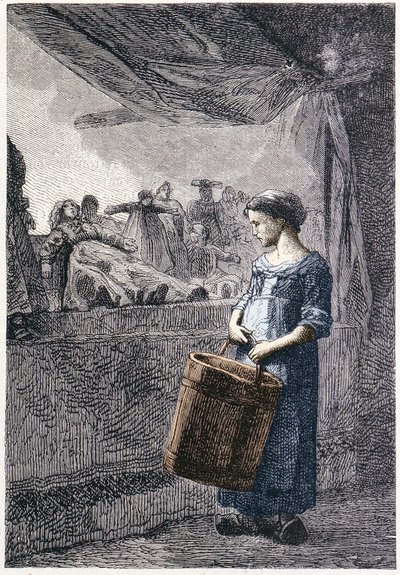 Cosette em frente à loja de brinquedos - em "Les Misérables" de Victor Hugo, doente. por Brion, ed. Hetzel e Lacroix de Gustave Brion