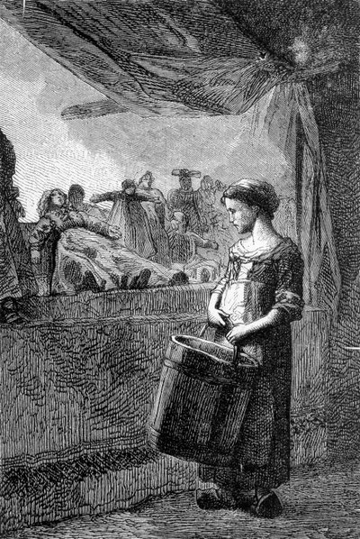 Cosette em frente à loja de brinquedos - em "Les Misérables" de Victor Hugo, doente. de Brion, ed. Hetzel e Lacroix de Gustave Brion