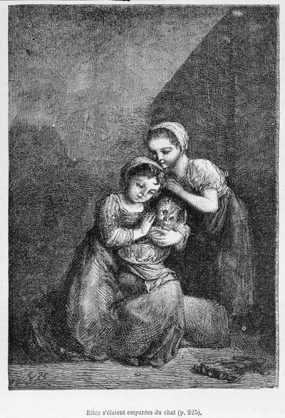 Cosette e sua amiga e o gato - em "Les Misérables" de Victor Hugo, doente. por Brion, ed. Hetzel e Lacroix de Gustave Brion