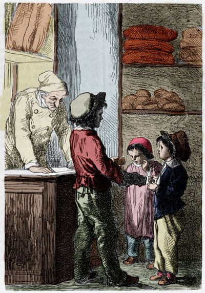 Gavroche dá pão às crianças - em "Les Miserables" de Victor Hugo, doente. por Brion, ed. Hetzel e Lacroix de Gustave Brion