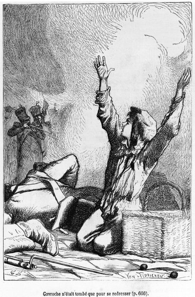 Gavroche tinha caído apenas para subir novamente, ilustração de "Les Miserables" por Victor Hugo (1802-85) gravada por Jules Leon Perrichon (1836-97) de Gustave Brion