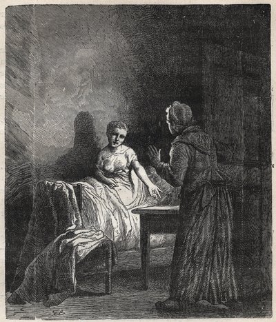 Marguerite entra no quarto de Fantine e Fantine mostra-lhe dois Napoleões (moeda) que podem salvar Cosette, sua filha - Ilustração de Gustave Brion (1824-1877) para "The Miserables - First part": Fantine" de Victor Hugo (1802-1885) 1862 de Gustave Brion