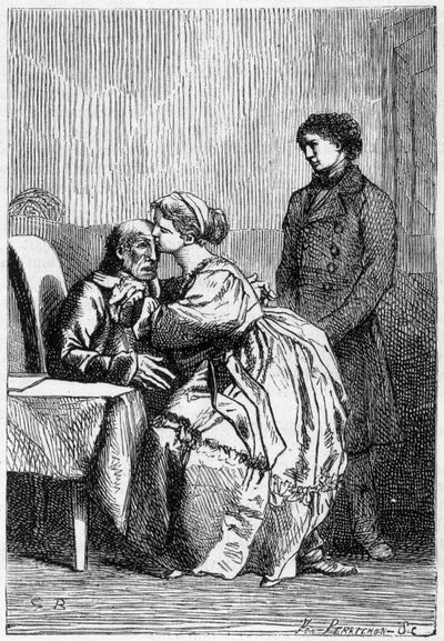 Marius e Cosette visitam Jean Valjean doente - em "Les Miserables" de Victor Hugo, doente. de Brion, ed. Hetzel e Lacroix de Gustave Brion