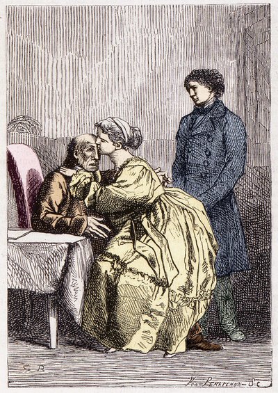 Marius e Cosette visitam Jean Valjean doente - em "Les Misérables" de Victor Hugo, doente. de Brion, ed. Hetzel e Lacroix de Gustave Brion