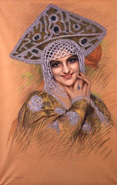 Jovem com cocar de pérolas (pastel sobre papel) de Gustave Brisgand
