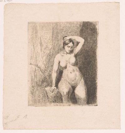 Mulher nua sentada segurando seu coque de Gustave Buschmann