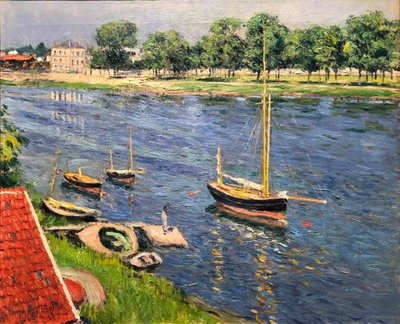 O Sena em Argenteuil, barcos fundeados, 1883. de Gustave Caillebotte