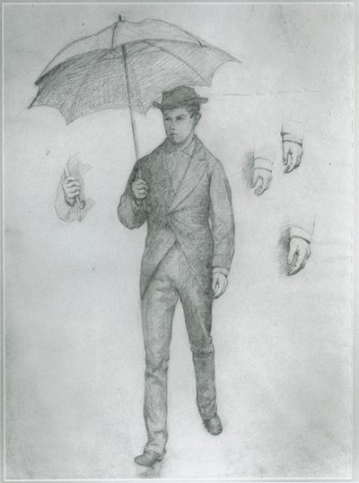 Estudo para Jovem com guarda-chuva (lápis sobre papel) de Gustave Caillebotte