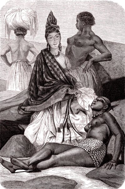 Signare , as mulheres africanas mulatas e francesas na ilha de Goree, Senegal. 1861 (gravura) de Gustave Clarence Rodolphe Boulanger